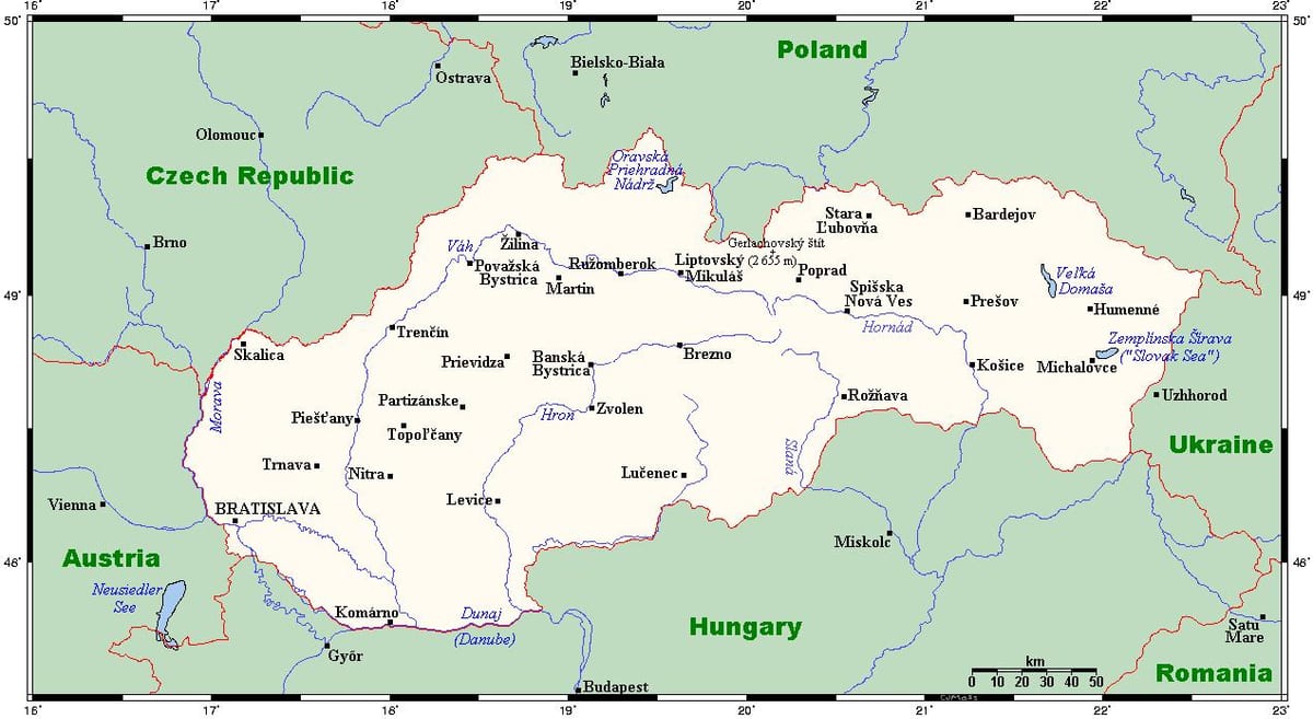 mapi Slovačke sa gradovima